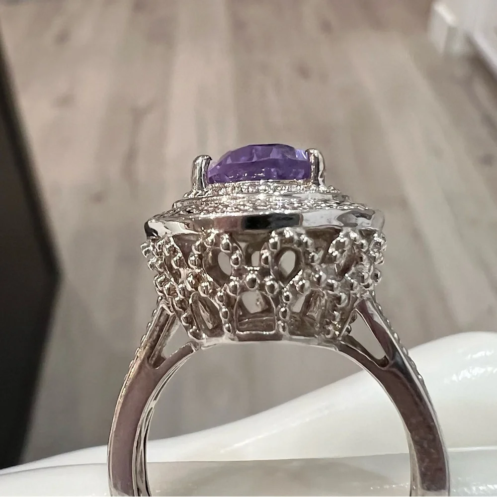 Rose de France Amethyst Pear Shaped Sterling Silver Ring Sz 8